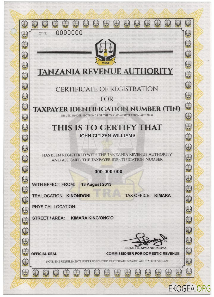 TANZANIE Certificat d'enregistrement du numéro d'identification fiscale (NIF)